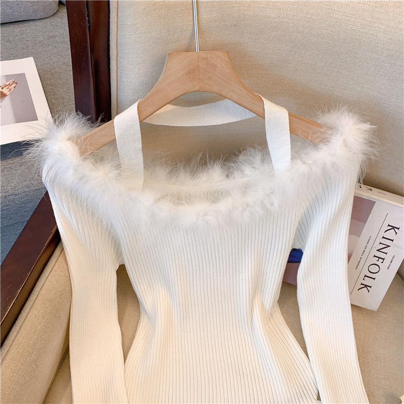 Super Fairy Fur Collar Off-shoulder Pure Hot Girl Sweater Women's Design Sense Niche Off-shoulder Slim Top