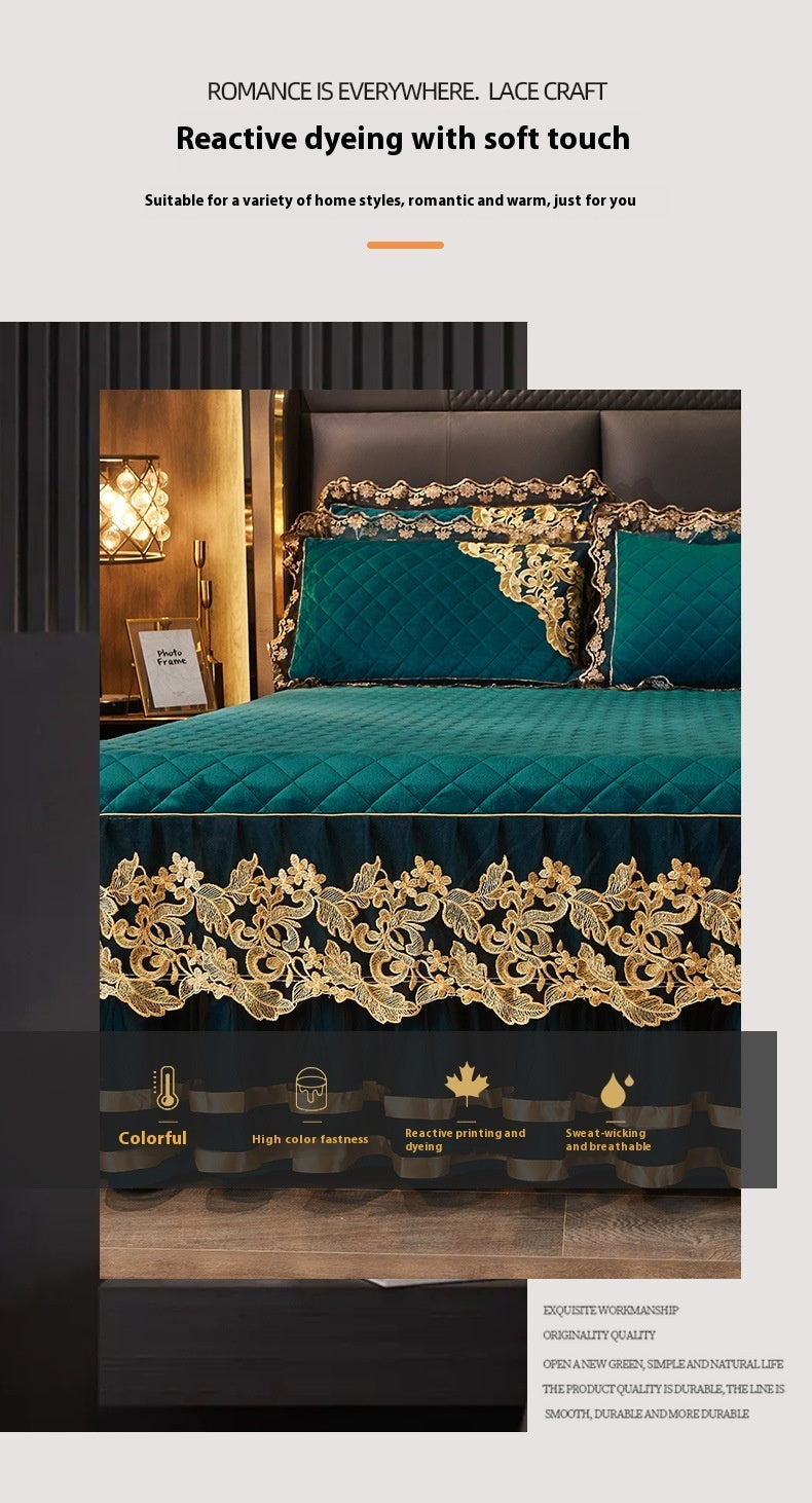 Lace Quilted Rhinestone Velvet Bed Skirt Protective Sleeve