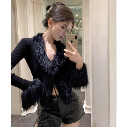 V-neck Stitching Bell Sleeve Slim Slimming And Simple Sweater