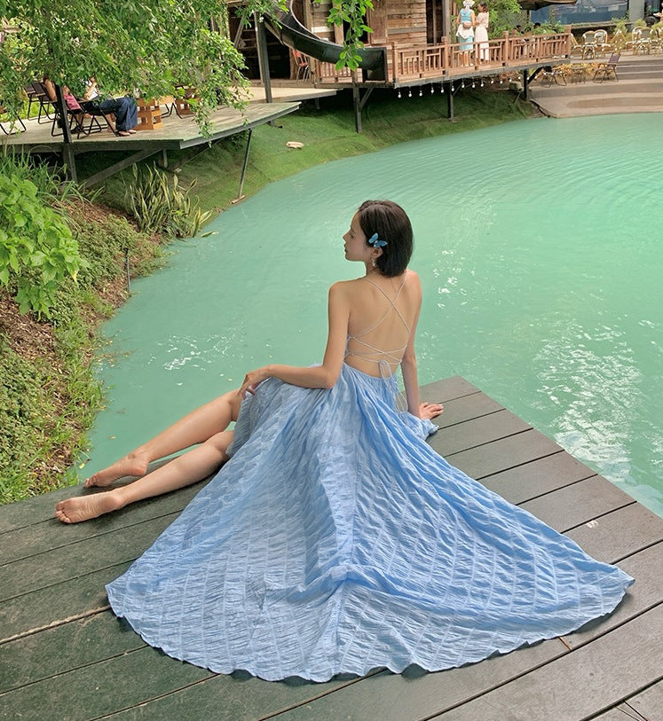 Summer Seaside Waves A Blue Sheer Vacation-style Backless Dress
