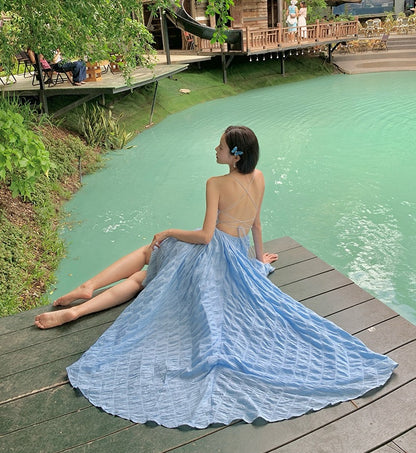 Summer Seaside Waves A Blue Sheer Vacation-style Backless Dress