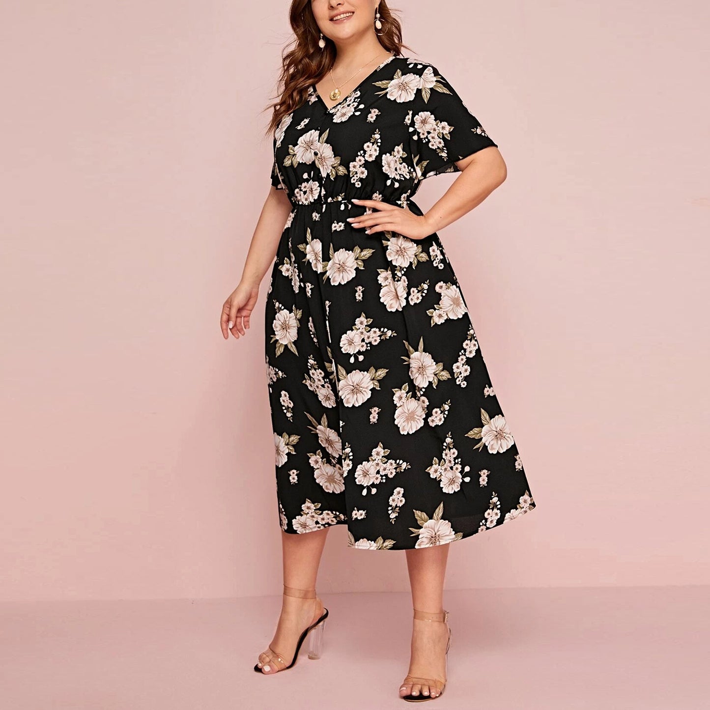 Women's Floral Print V-Neck Short Sleeve Dress