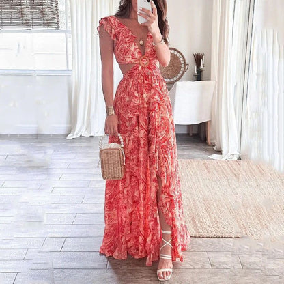 Printed Deep V Midriff Outfit Long Pleated Dress