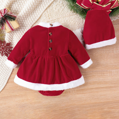 Christmas Pleuche Long Sleeve Stitching Furry Skirt Belt Hat Bottom-covering Rompers