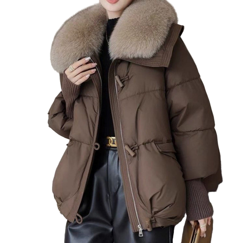 Brown puffer jacket with fur collar worn by a person, with inset images of black and white versions.