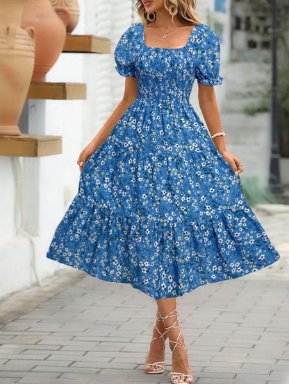 Square Collar Waist-tight Puff Sleeve Layered Dress