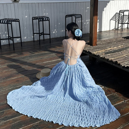 Summer Seaside Waves A Blue Sheer Vacation-style Backless Dress