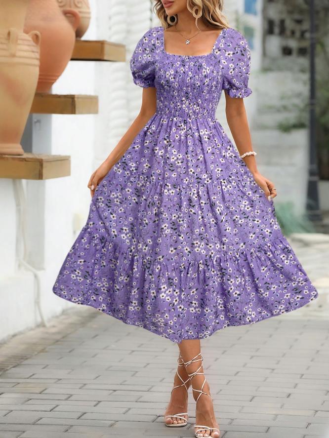 Square Collar Waist-tight Puff Sleeve Layered Dress