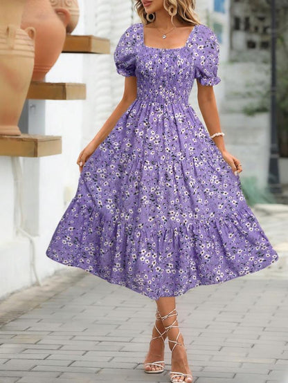 Square Collar Waist-tight Puff Sleeve Layered Dress