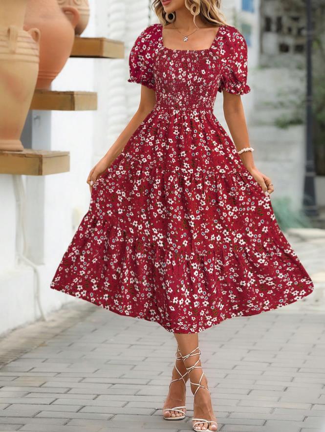 Square Collar Waist-tight Puff Sleeve Layered Dress