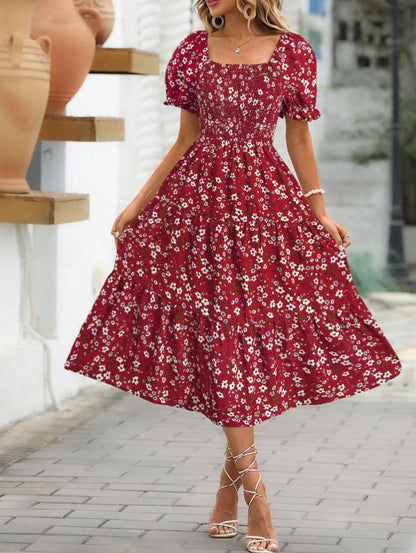 Square Collar Waist-tight Puff Sleeve Layered Dress