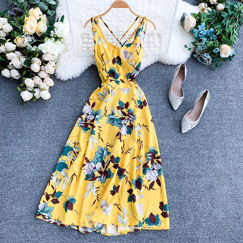 Ladies summer V-neck chiffon print dress