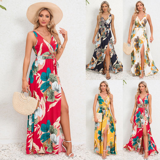 V-neck Floral Print Long Dress Summer Fashion Waist Tie Slit Design.