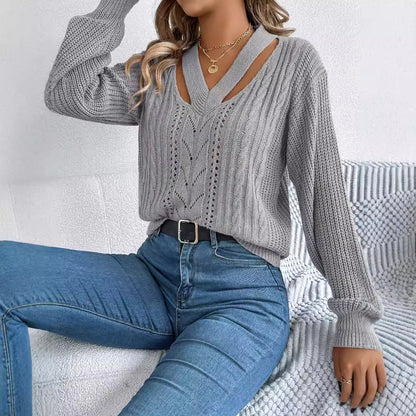 Hollow Out V-neck Twist Lantern Sleeve Pullover Sweater