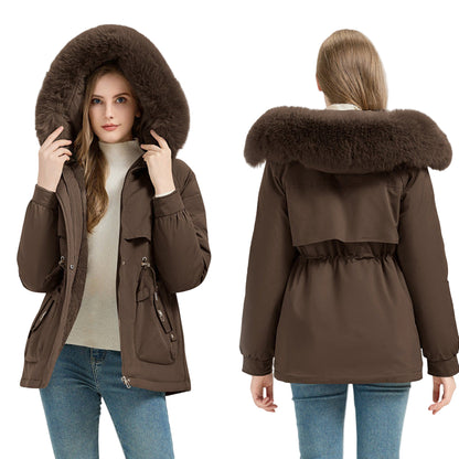 Brown parka with fur hood worn by a model on a white background