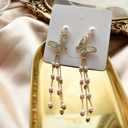 S925 Silver Needle Super Fairy Pearl Tassel Earrings Pearl Butterfly