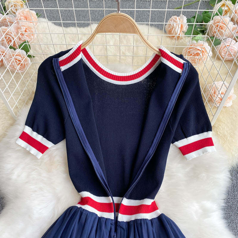 Knitted Short Sleeve Design Colorblock Stripe Panel Dress