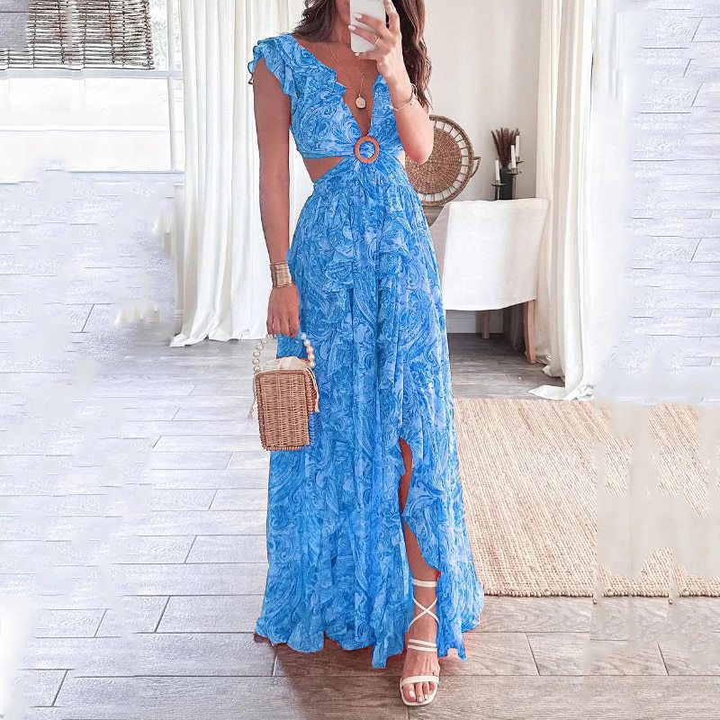 Printed Deep V Midriff Outfit Long Pleated Dress