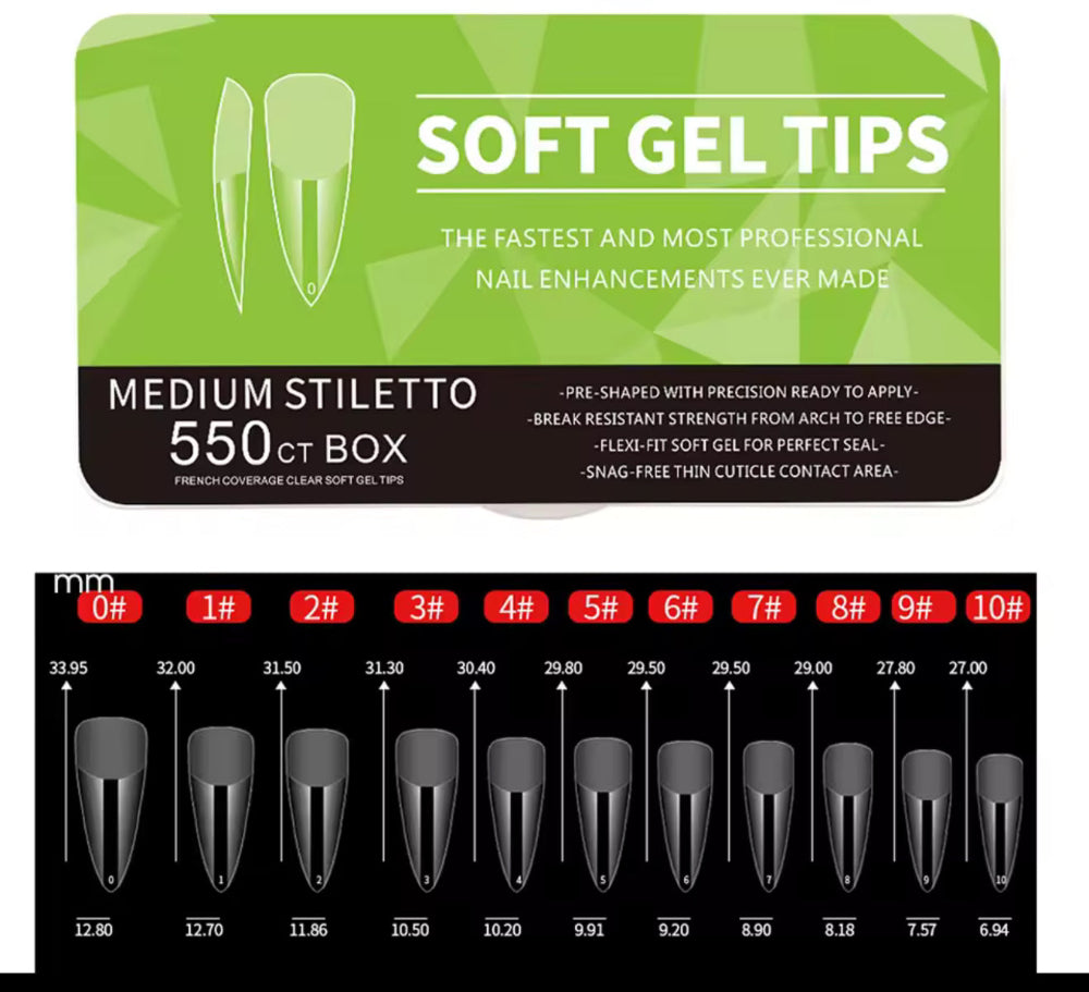 Packaging of Soft Gel Tips with size chart on a white background