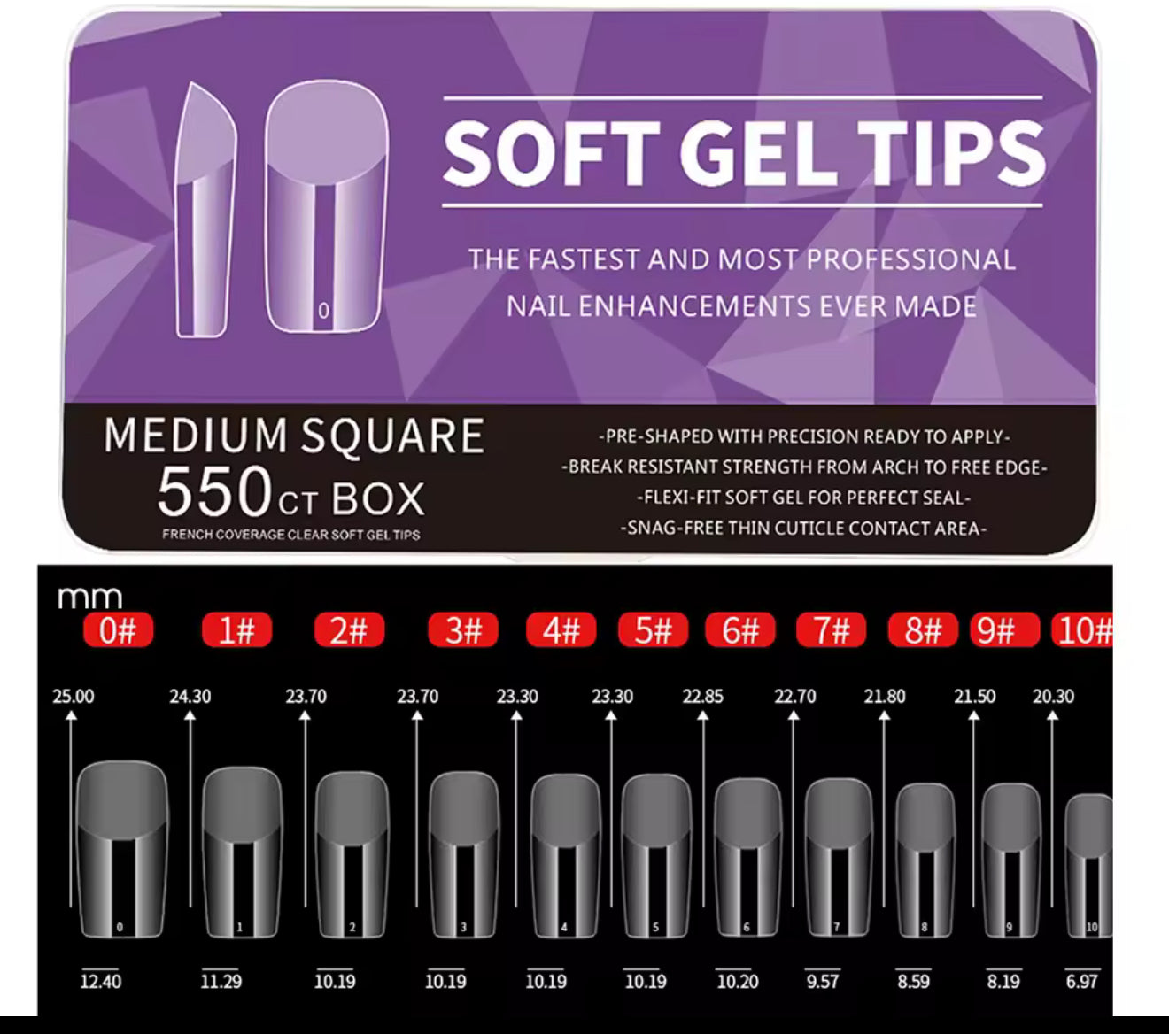 Packaging of soft gel tips with size chart on a purple and black background