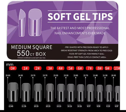 Packaging of soft gel tips with size chart on a purple and black background