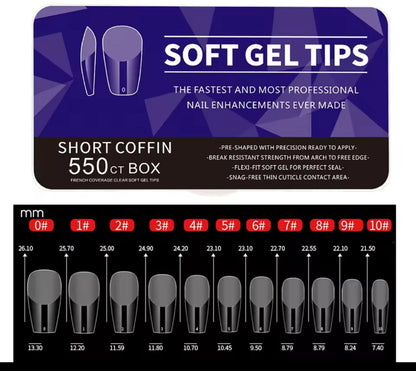 Packaging of soft gel tips with size chart on a white background
