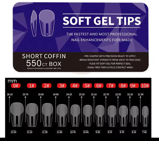 Packaging of soft gel tips with size chart on a white background