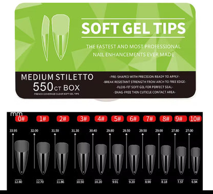 Packaging of Soft Gel Tips with size chart on a white background