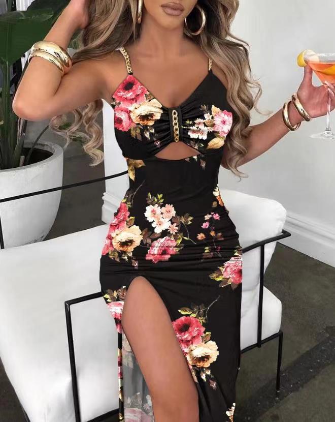 Split Spaghetti-strap Floral Print Dress