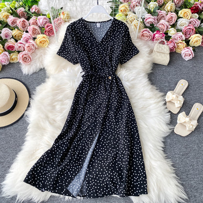 Polka Dot Chiffon Dress Waist Slimming