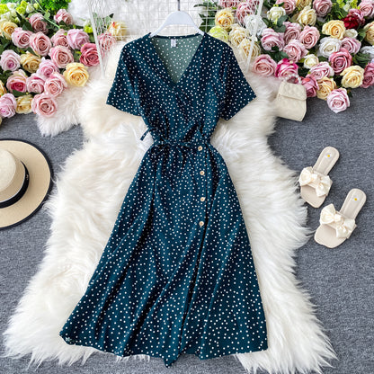 Polka Dot Chiffon Dress Waist Slimming