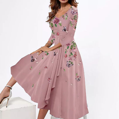 Women's Fashionable V-neck Loose Floral Print Mid-length Sleeves Dress