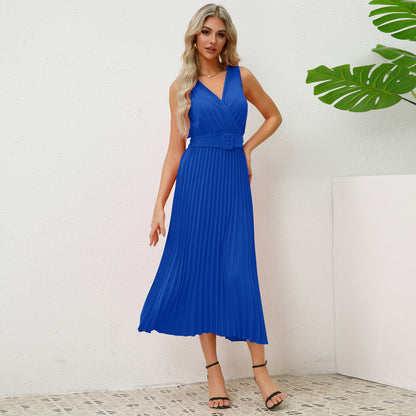 V-neck Pleated Belt Dress