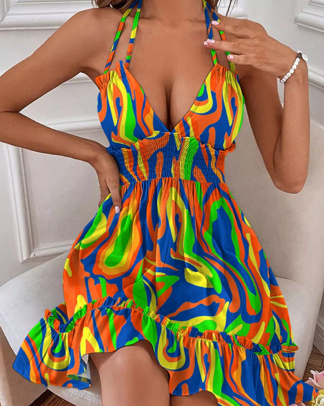 Selling Women's Clothes Deep V Strap Wooden Ear Shirring Backless Sexy Dress