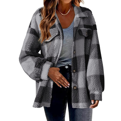 Winter Pocket Plaid Jacket Button Plush Coat