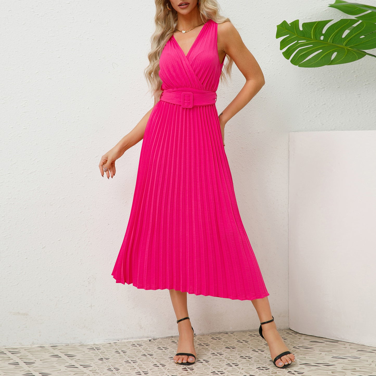 V-neck Pleated Belt Dress