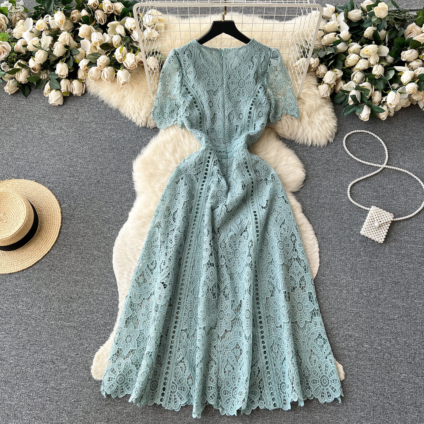 Round Neck Ruffle Sleeve Lace Dress