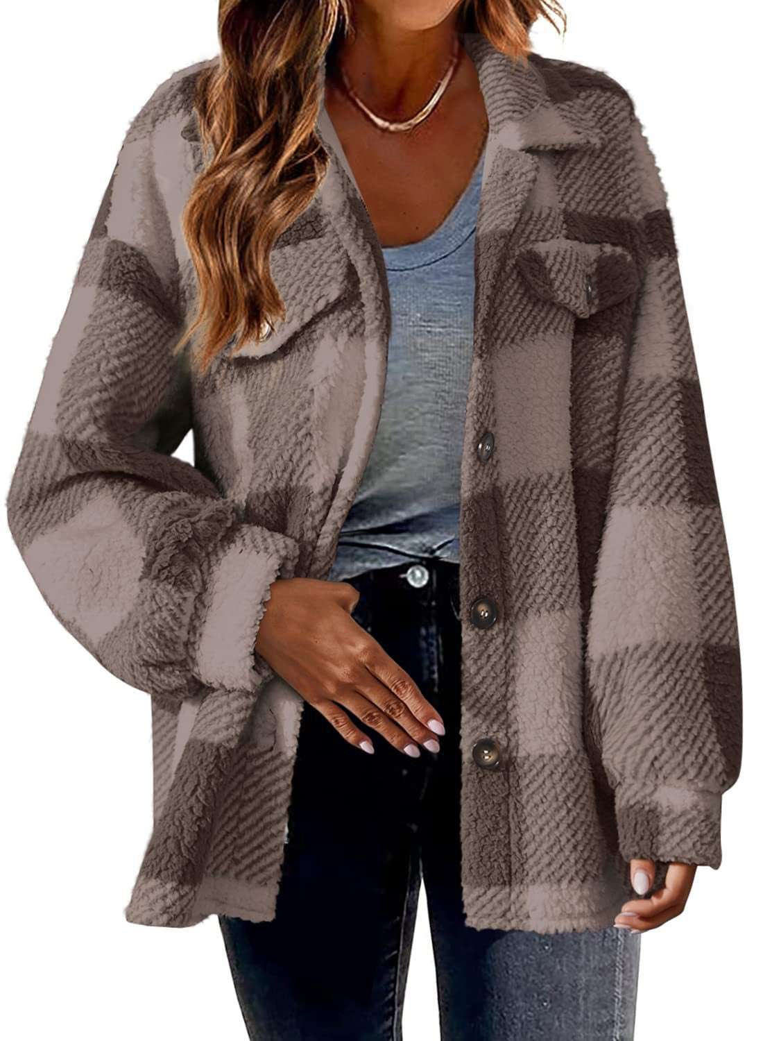 Winter Pocket Plaid Jacket Button Plush Coat