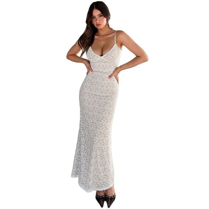 Women's Fashion Solid Color Strap Lace Stitching See-through Dress