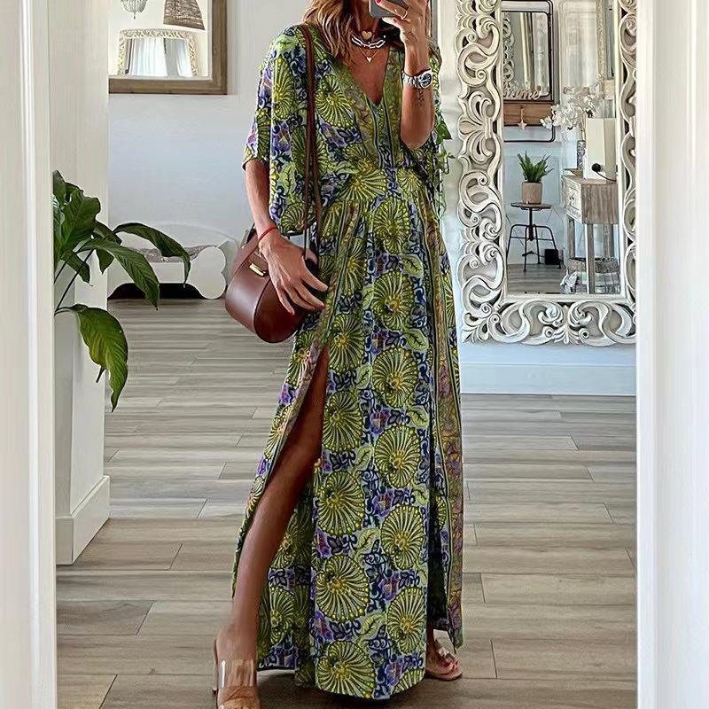 New Fashion V-neck Short Sleeve Loose Bohemian Printed Dress