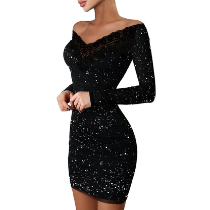 Women's Fashionable Slim-fit Hot Silver Off-shoulder Sheath Dress