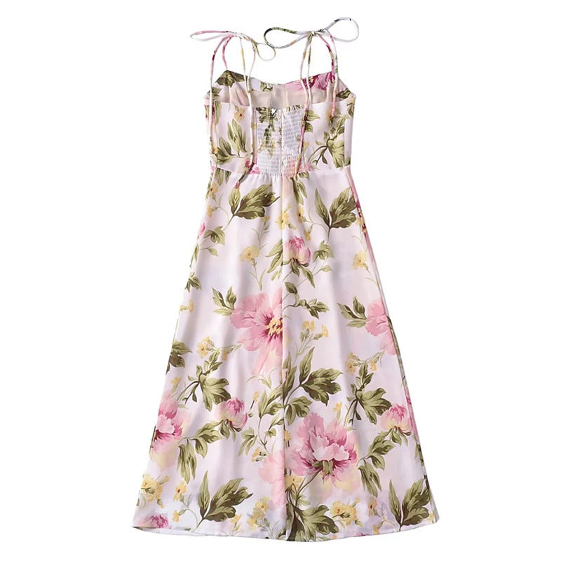 Flower Floral Slit Suspender Skirt Summer Tight Waist Slim Fit