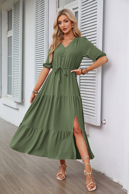 V-neck Buttons Drawstring Slit Short Sleeve Dress