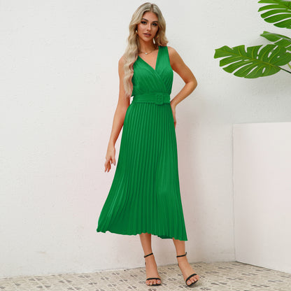 V-neck Pleated Belt Dress