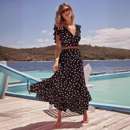 Women's Bohemian V-collar Polka Dot Printed Skirt Suit