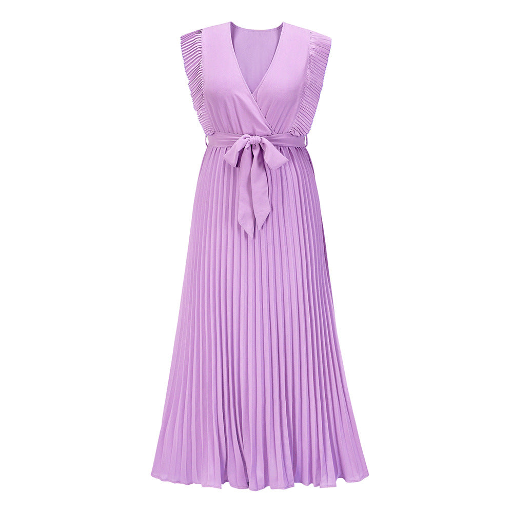 Elegant Beach Fashion Slim Sexy Ruffle Sleeve Chiffon Solid Color Dress