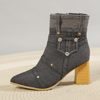 Denim Pointed Toe Chunky Heel Martin Boots Women