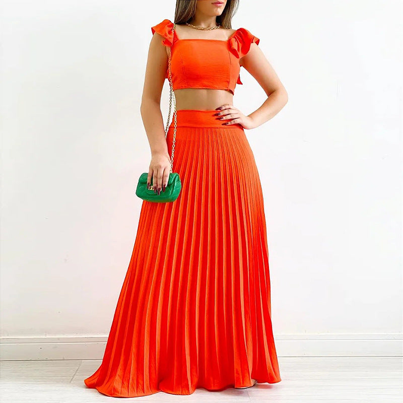 Solid Color Short Vest High Waist Pleated Long Skirt Casual Suit