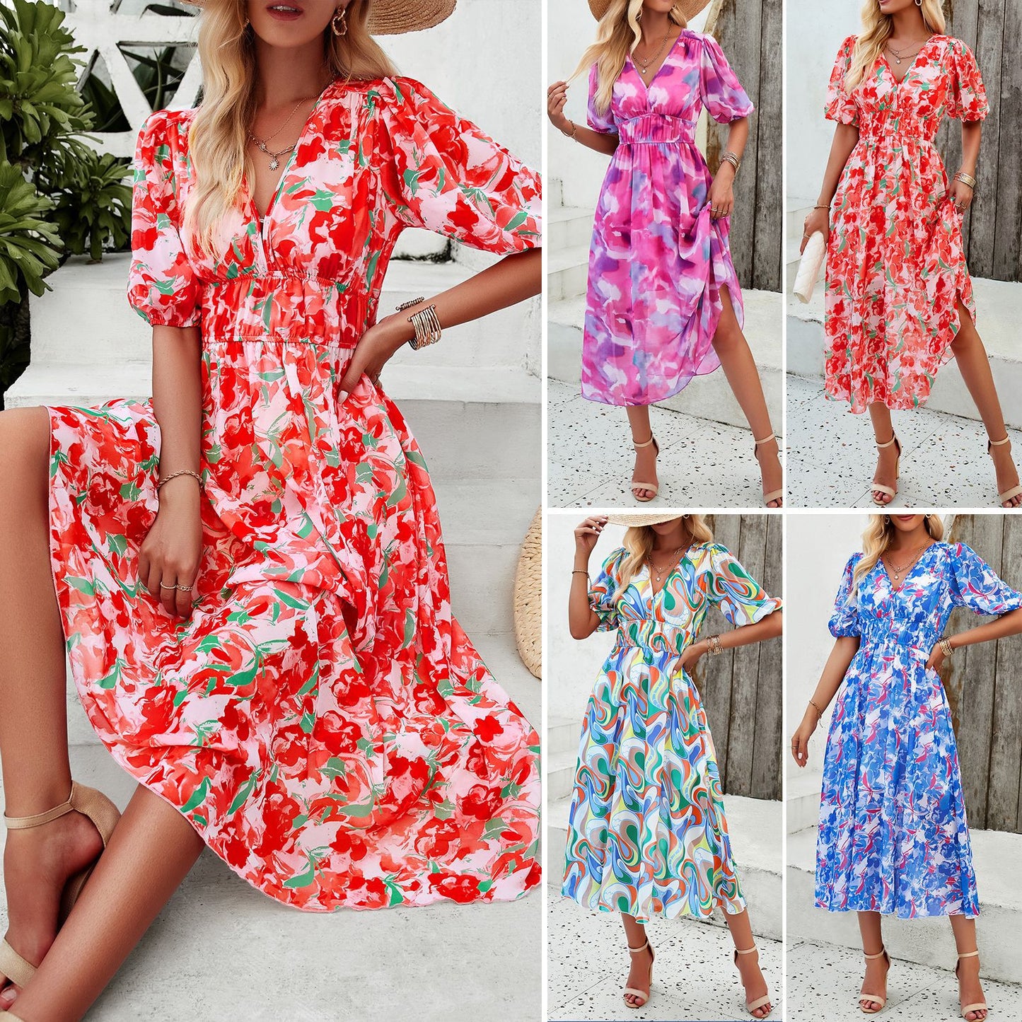 Women's Clothing Floral Print Waist-tight V-neck Dress