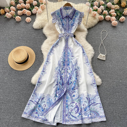 Women's Summer Lace-up Waist Polo Collar Retro Dress